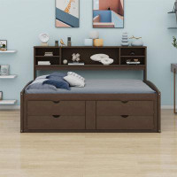 Latitude Run® Full Size Wood Daybed With 2 Bedside Cabinets, Upper Shelves And Drawers