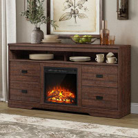 Red Barrel Studio Fireplace TV Stand for TVs Up to 65 Inch, with Drawers and Adjustable Shelf, Rustic Brown