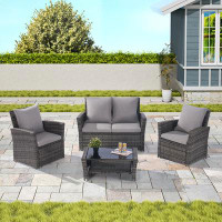Winston Porter -piece Rattan Outdoor Patio Furniture Set: Garden Chairs & Tempered Glass Table For Poolside
