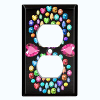 WorldAcc Metal Light Switch Plate Outlet Cover (Colourful Diamond Jewels Black Heart Circles   - Single Duplex)
