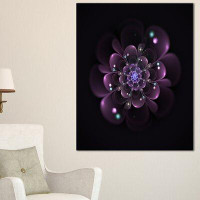 Design Art Glowing Light Purple Fractal Flower on Black Graphic Art on Wrapped Canvas