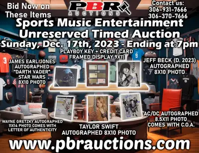 Sports Music Entertainment Unreserved Timed Auction Sunday, December 17th, 2023 - Ending at 7pm Get...