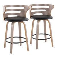 LumiSource Cosini 26" Mid-Century Modern Fixed-Height Barstool With Swivel In Light Grey Wood And Black Faux Leather Wit