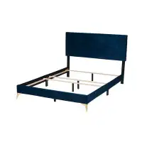 Everly Quinn Lefancy Airanna Modern and Contemporary Navy Blue Velvet and Gold Metal Queen Size Panel Bed