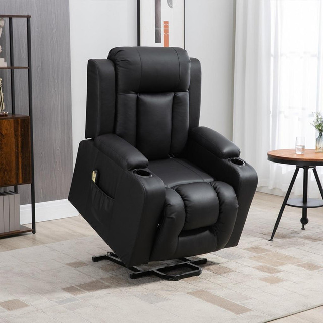 ELECTRIC POWER LIFT CHAIR, PU LEATHER RECLINER SOFA WITH FOOTREST, REMOTE CONTROL AND CUP HOLDERS, BLACK in Chairs & Recliners - Image 2