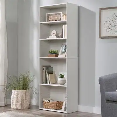 Latitude Run® Adjustable 5-Shelf Bookcase: Versatile Storage, Transitional Style, Soft White Finish