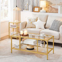 HOOBRO Gold Coffee Table, Glass Coffee Table For Living Room, 3-tier Rectangular Coffee Table, Gold Glass Coffee Table W