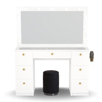 Latitude Run® Boahaus Vanity Desk, Black Stool, Lights Built-in, Glass Top, White