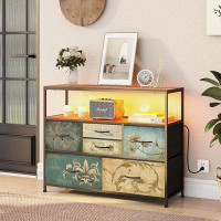 Bungalow Rose TV Stand With Power Oulet Dresser With Charging Station & LED Light Dresser With 6 Fabric Drawers For Livi