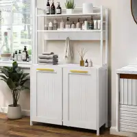 Latitude Run® Freestanding Bathroom Cabinet With 6 Towel Hooks 3 Shelves & 2 Dirty Laundry Detachable Basket