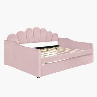 Red Barrel Studio Full Size Upholstery Daybed Frame with Shall Shaped Backrest and Trundle,Pink