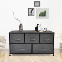 17 Stories 39" Black And Dark Fabric And Steel Accent Chest With Two Shelves And Five Drawers