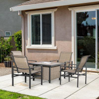 Latitude Run® 5 Piece Garden Patio Dining Set, Steel, Outdoor Conversation Set, Square Dinner Table With Built-In Ice Bu