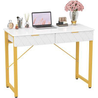 Mercer41 Modern Makeup Vanity Desk With Glossy Desktop,Bedroom Home Office Writing Desk With Drawers, Storage Shelf, Gol
