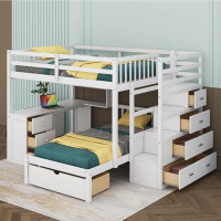 Harriet Bee Jasniak Twin over Full 8 Drawer Solid Wood Futon Bunk Bed with Bookcase and Built-in-Desk by Munora