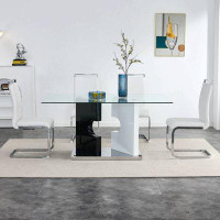 Wrought Studio Large Modern Minimalist Rectangular Glass Dining Table with Glass Tabletop and MDF Slab V-Shaped Bracket