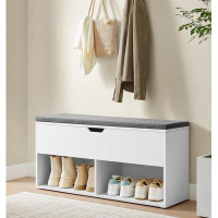 Latitude Run® Shoe Bench With Cushion, Storage Bench,  2 Open And 1 Hidden Compartments, White And Grey