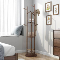 Passetas Wooden Coat Rack Freestanding, Rotary Coat Rack Stand With 3 Storage Shelves And 9 Hooks, White