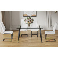 Ivy Bronx Elegant 5-piece Dining Set: 0.31"" Tempered Glass Table With Black Metal Legs & 4 White Chairs, F-1544 C-001