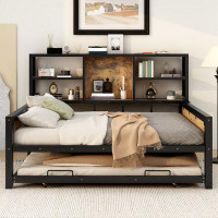 17 Stories Full Size Cabin Daybed With Storage Shelves And Trundle, Metal