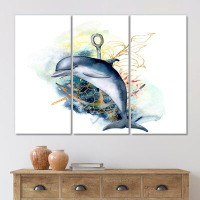 East Urban Home Dolphine Turtle And Anchor With Coral Reef Plants - Traditional Canvas Wall Art Print
