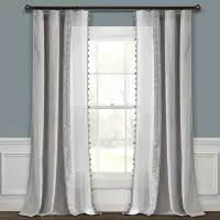 Bungalow Rose Luxury Vintage Velvet And Sheer With Border Pompom Trim Window Curtain Panel Light Grey Single 42X84