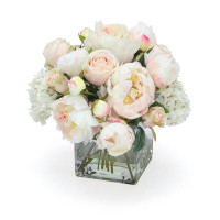 Distinctive Designs Cream White Hydrangea And Roses With Peonies In Glass Square