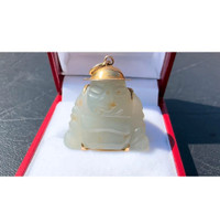 #419 - Hand Carved, Jade Bhuda Pendant, 14kt Yellow Gold