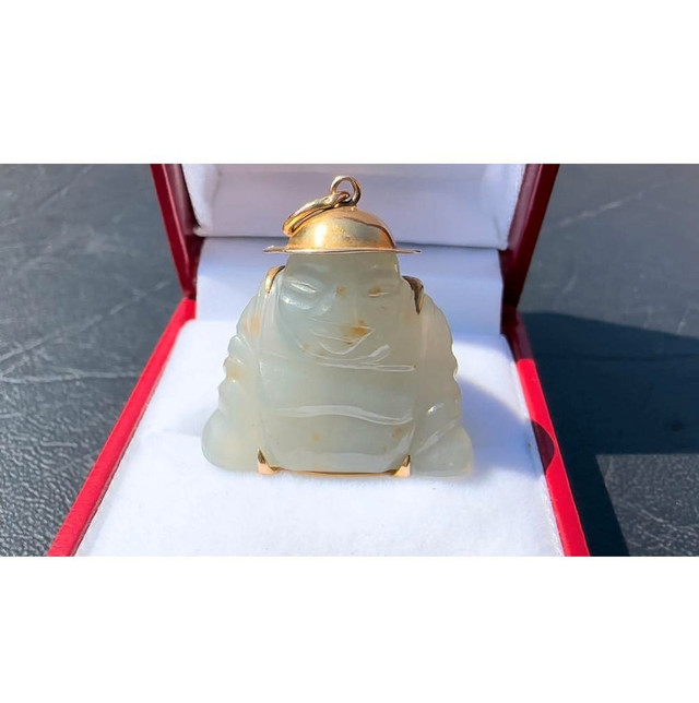 #419 - Hand Carved, Jade Bhuda Pendant, 14kt Yellow Gold in Jewellery & Watches