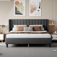 Ebern Designs King Size Linen Upholstered Platform Bed With Vertical Striped Headboard