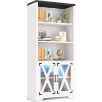 YITAHOME YITAHOME Bookcase With Doors&LED Light, White Bookshelf With Storage Cabinet, Wooden Farmhouse Bookshelves For