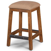 Loon Peak Rustic City 25 In. Natural Oak Backless Wood And Metal Frame Industrial Bar Stool With Beige Upholstered Seat