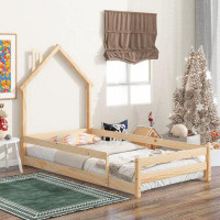 Harper Orchard Twin Size Wood Bed With House-Shaped Headboard Floor Bed With Fences,Natural