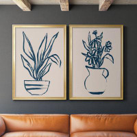 Red Barrel Studio Navy Plant Sketches III - 2 Piece Picture Frame Print Set on Canvas