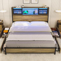 Ivy Bronx Queen Bed Frame With Drawers, Led Lights, Usb-c/a Charging Station, Metal Platform Queen Bed With Storage Head