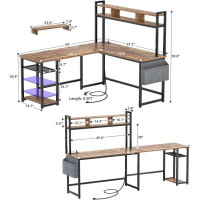 Wrought Studio Steinber 87'' L Shaped Desk with Hutch, Power Outlet, USB Ports, Monitor Stand and LED Strip