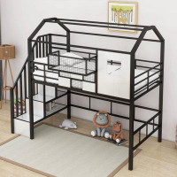 Harper Orchard Aviara Metal Loft Bed with roof design and a storage box