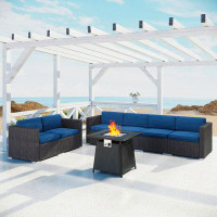 Lark Manor Outdoor Fire Pit Table & Rattan Wicker Sofa 7-Pieces-Set