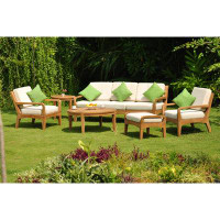 Teak Smith 6 Pc Sofa Set: Sofa, 2LoungeChairs,Ottoman,42"RoundCoffee&SideTable+ Sunbrella #57003 White Cushions-33" H x