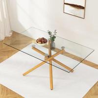 Ivy Bronx Large Modern Minimalist Rectangular Glass Dining Table For 6-8 With 0.39" Tempered Glass Tabletop And Wood Col