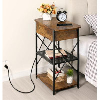 17 Stories Narrow End Table With Charging Station, Side Table With 3 USB Ports And 2 AC Outlets, Brown