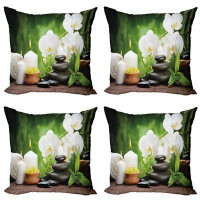East Urban Home Ambesonne Spa Decorative Throw Pillow Case Pack Of 4, Stones With Orchid And Candles Green Plants At The