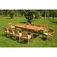 Rosecliff Heights 10 Seats 11 Pcs Grade-A Teak Wood Dining Set: 122" Masson Double Extension Rectangle Table And 10 Arbo