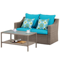 Ebern Designs Brown Rattan Double Couch Tables Furniture Set Lounge Sofa For Small Living Room Spaces Pool Patio Garden