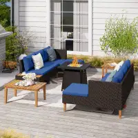 Lark Manor Wooden Rattan Patio Conversation Set With Fire Pit Table