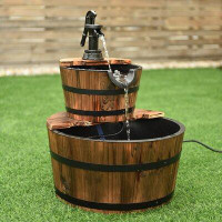 Gracie Oaks Wooden 2 Tiered Outdoor Pump And Barrel Waterfall Fountain