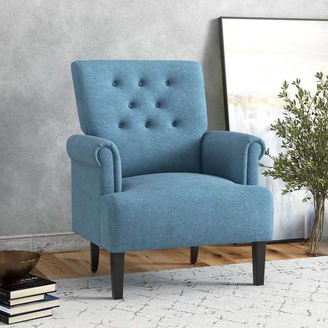 ARMCHAIR, FABRIC ACCENT CHAIR, MODERN LIVING ROOM CHAIR WITH WOOD LEGS AND ROLLED ARMS FOR BEDROOM, BLUE in Chairs & Recliners