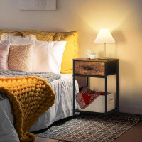 Rubbermaid Rustic Brown Nightstand, Small Bedside Table With Fabric Drawer, Industrial End Table With Storage Shelf, Far