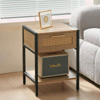 FOSHNATURE 15.75" Rattan End Table With Power Outlet & USB Ports