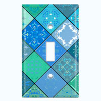 WorldAcc Metal Light Switch Plate Outlet Cover (Vintage Teal Elegant Diagonal Pattern - Single Toggle)